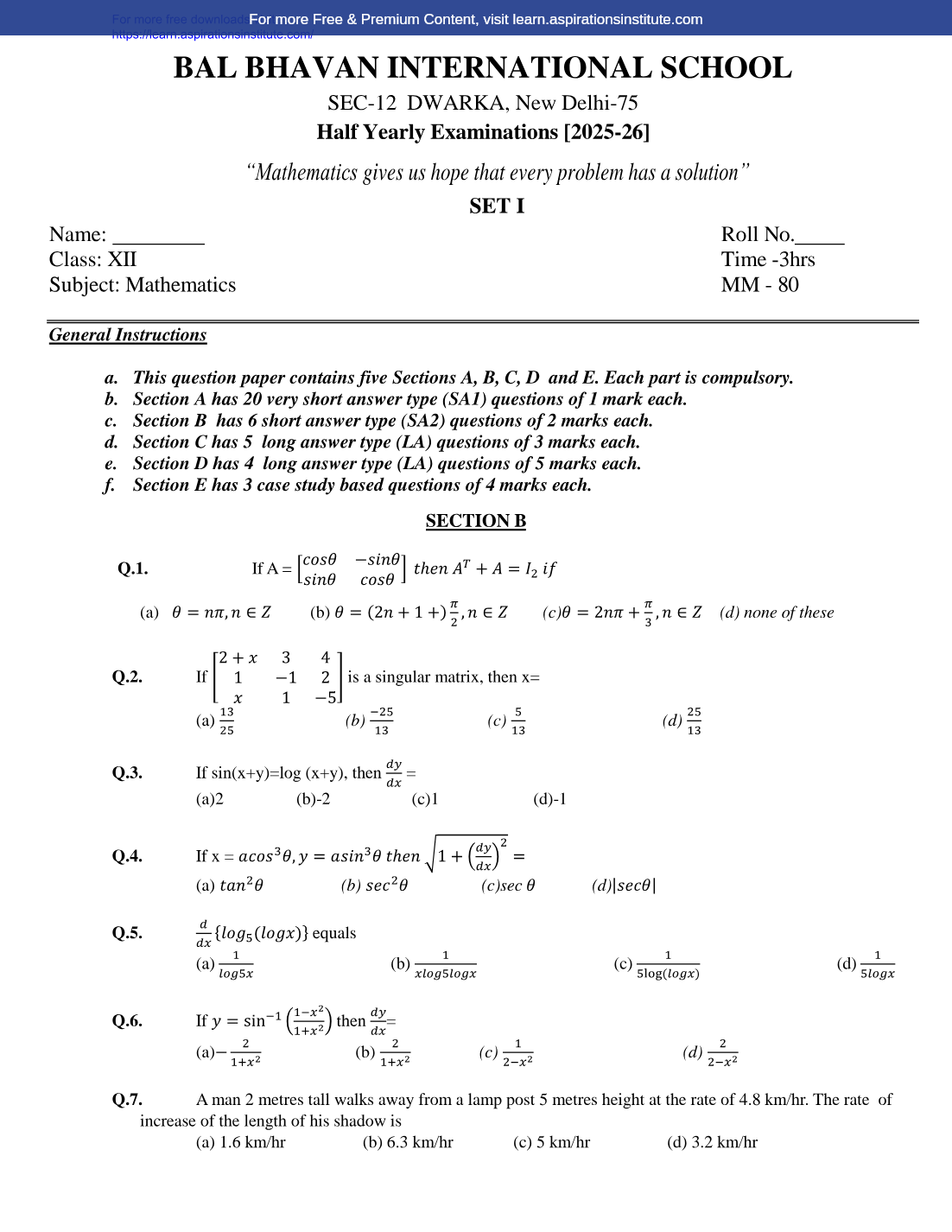 Preview page 1 of 12_Maths_HY Paper_Bal Bhawan Intl School_Set 1_2025-26