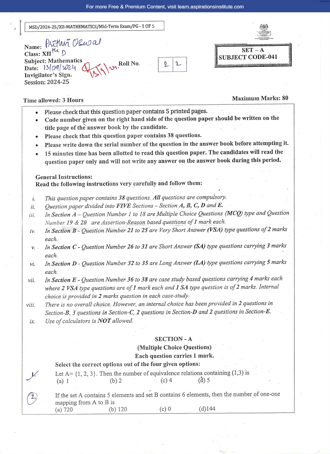 Preview page 1 of 12_Maths_HY Paper_Maxfort School_2024-25