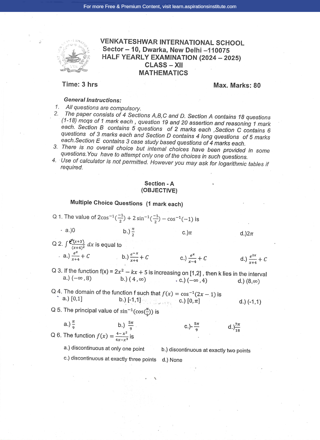 Preview page 1 of 12_Maths_HY Paper_Venkateshwar School_2024-25