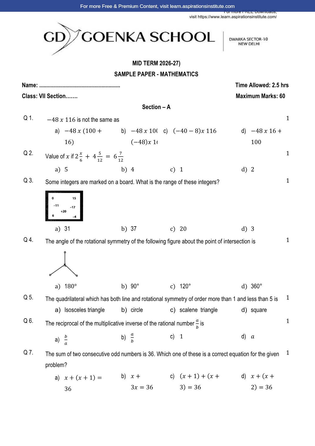 Preview page 1 of 7_Maths_Mid Term Paper_G.D. Goenka School