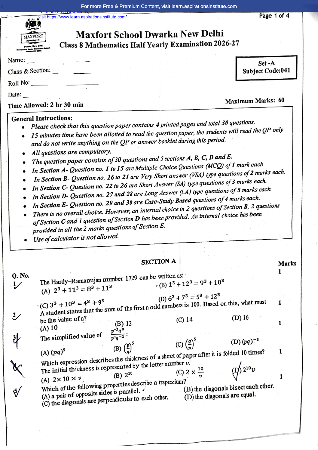 Preview page 1 of 8_Maths_HY Paper_Maxfort School_2026-27