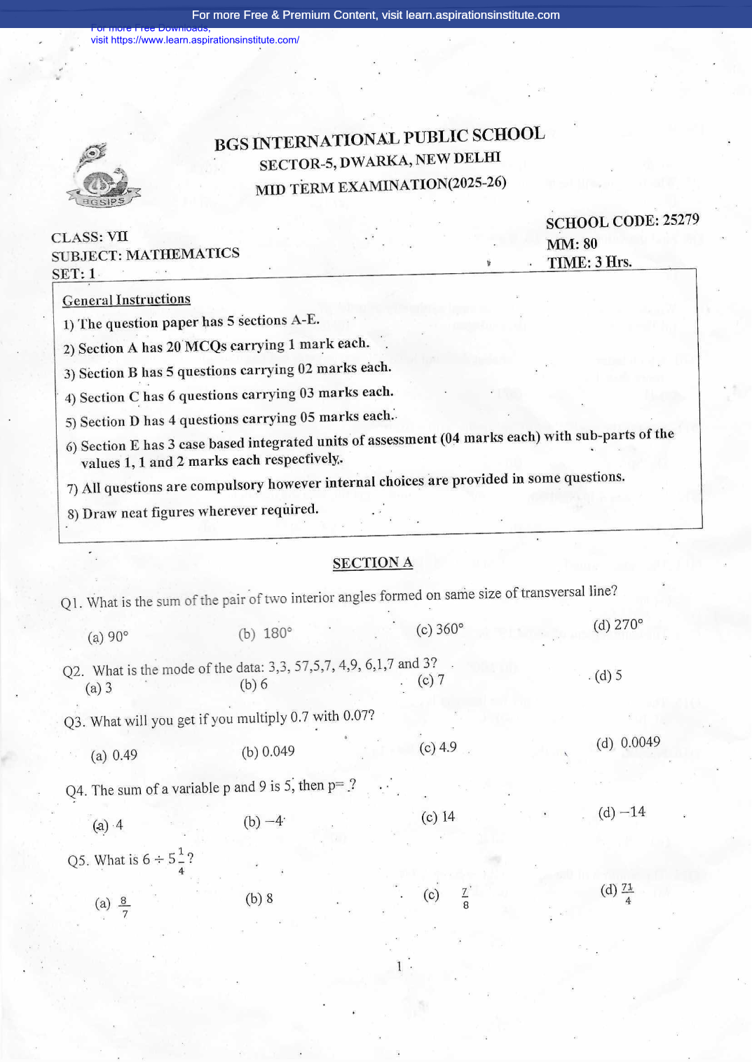 Preview page 1 of 7_Maths_HY Paper_BGS School_2025-26