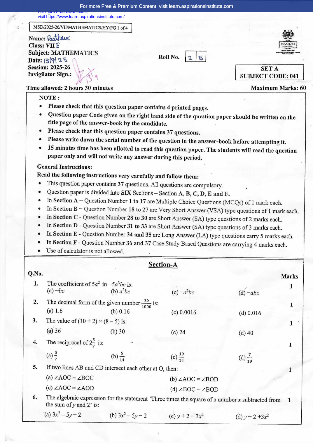 Preview page 1 of 7_Maths_HY Paper_Maxfort School_2025-26