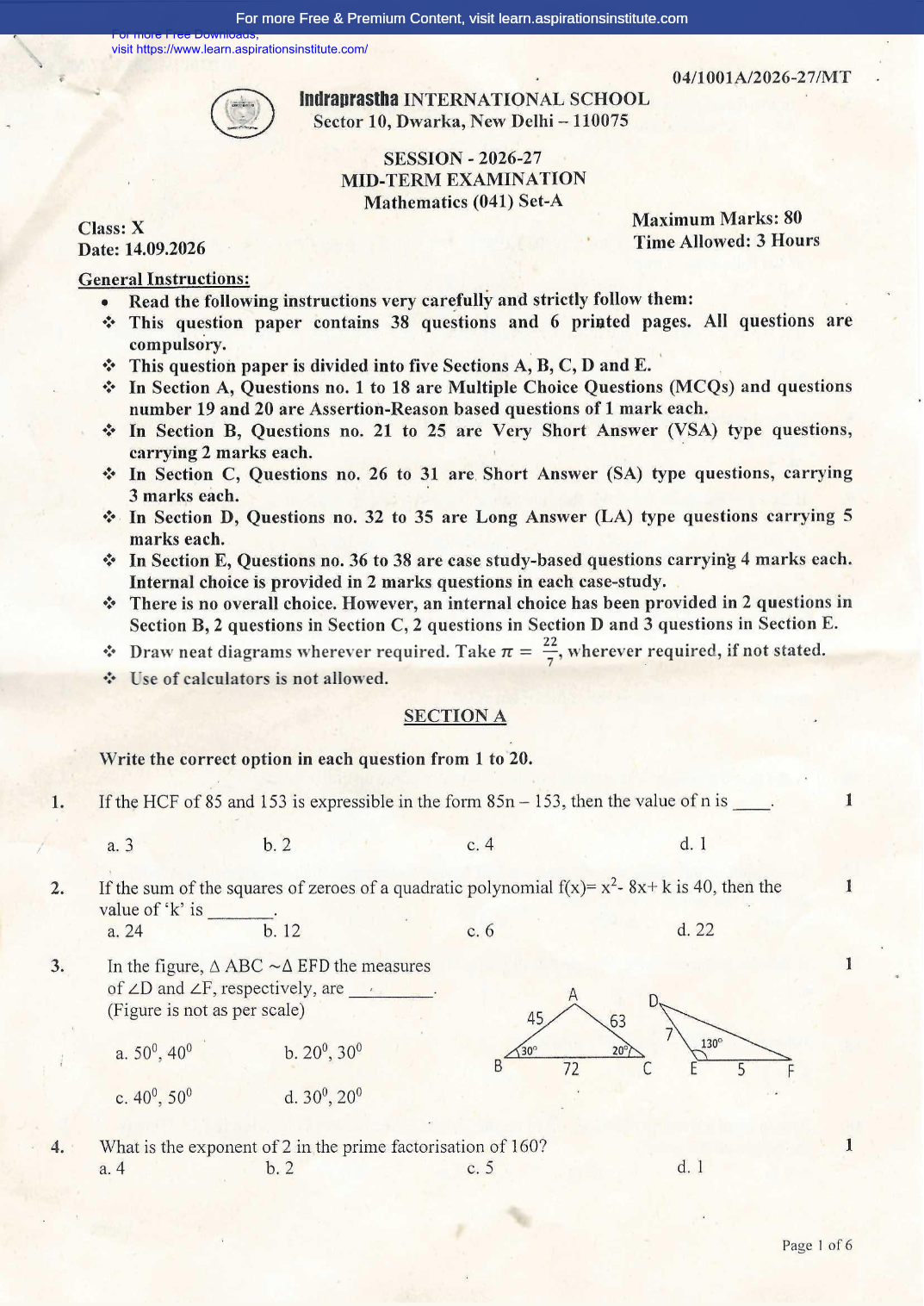Preview page 1 of 10_Maths_HY Paper_Indraprastha Intl School_2026-27
