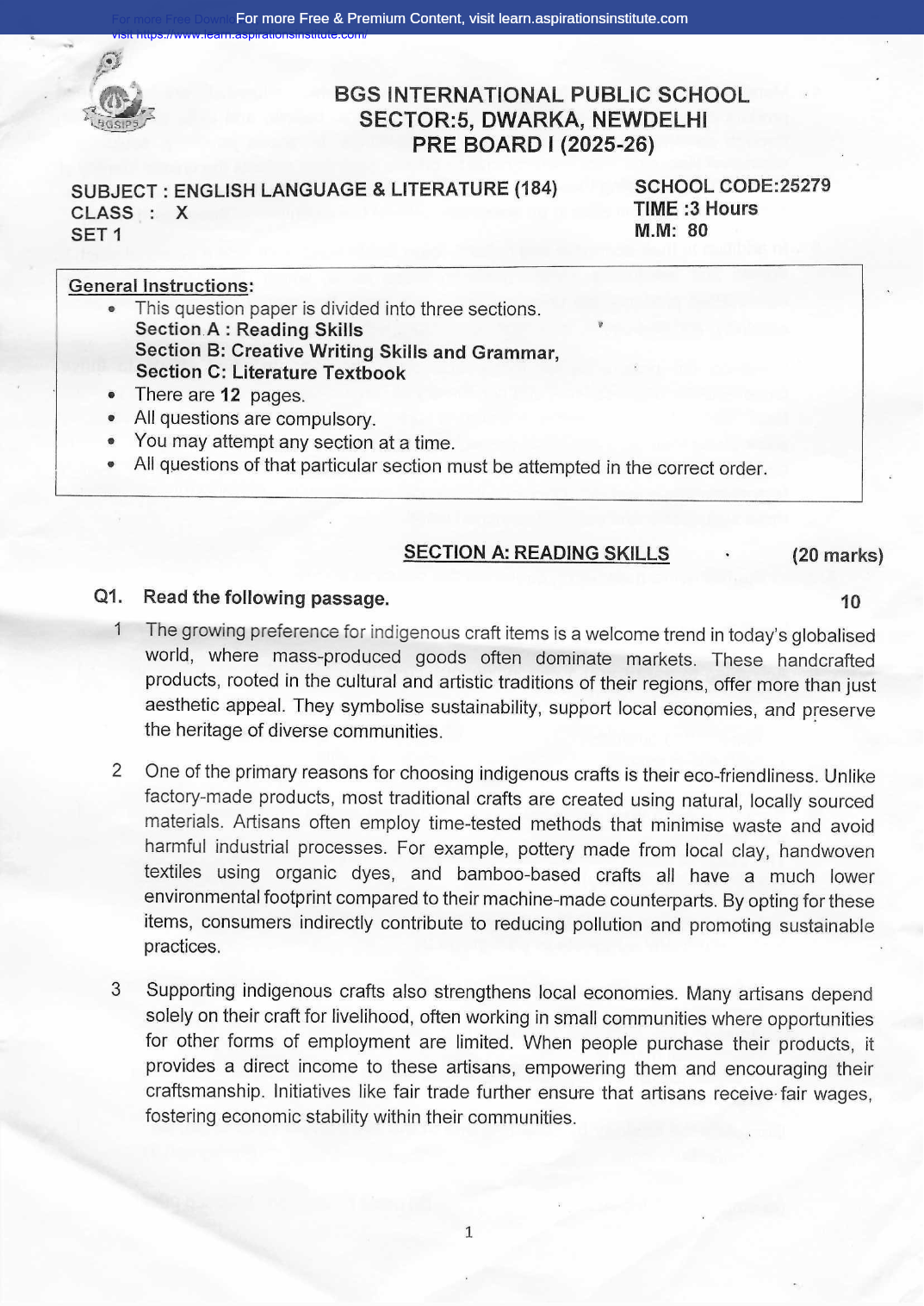 Preview page 1 of 10_Eng_Pre Board 1_BGS School_2025-26
