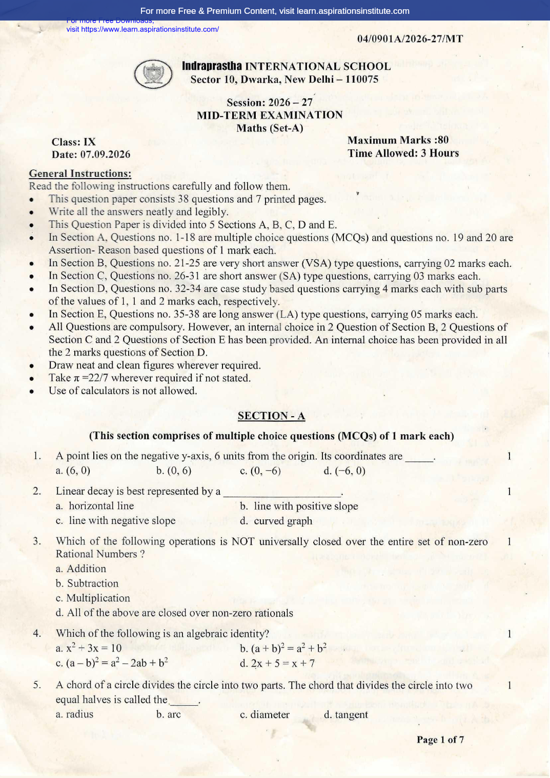Preview page 1 of 9_Maths_HY Paper_Indraprastha School_2026-27