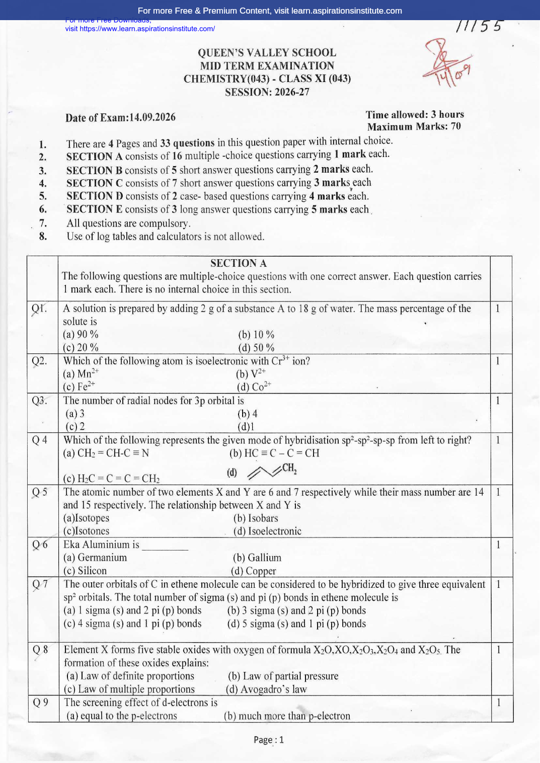 Preview page 1 of 11_Chem_HY Paper_Queens Valley School_2026-27