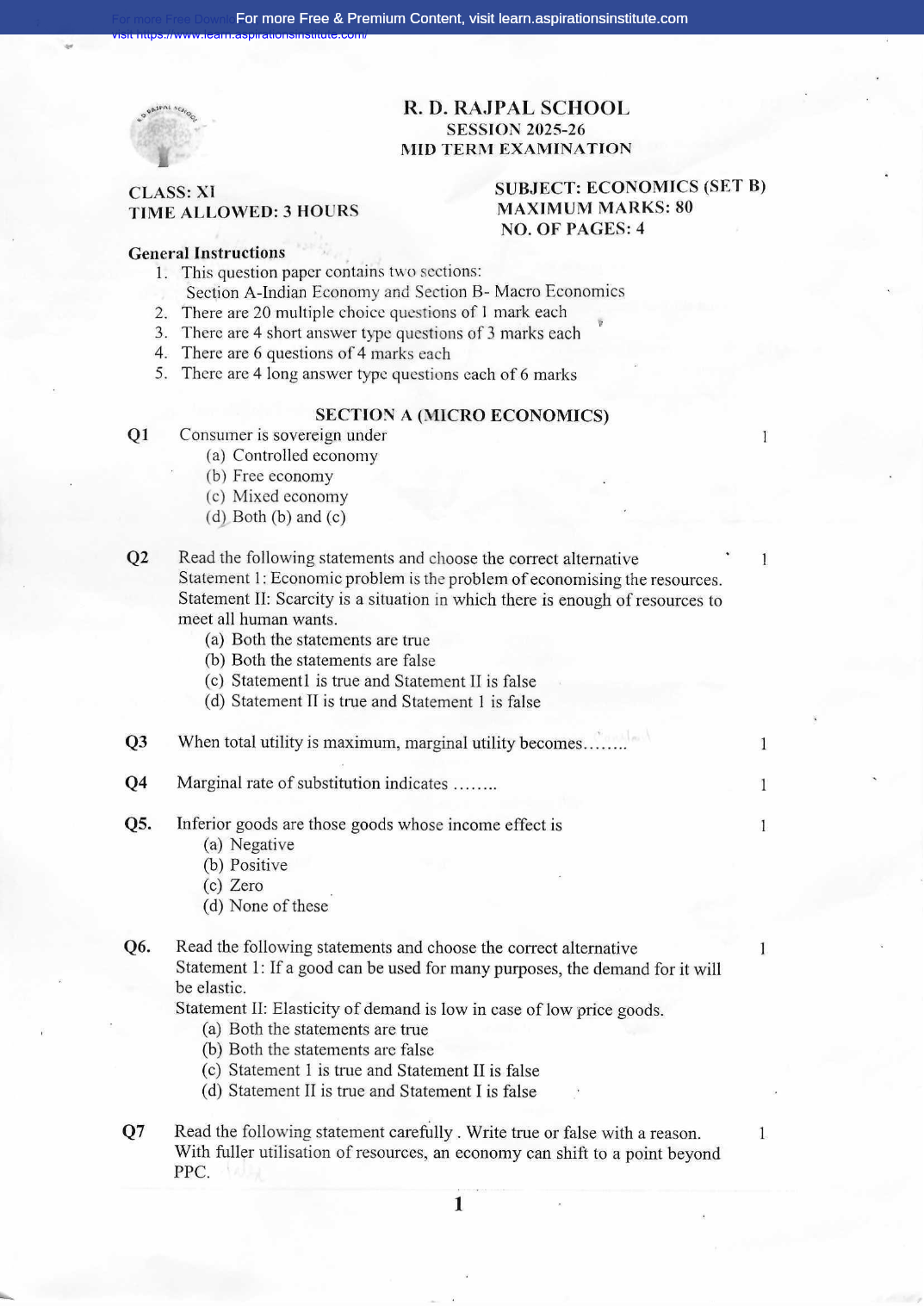 Preview page 1 of 11_Eco_HY Paper_RD Rajpal School_2025-26