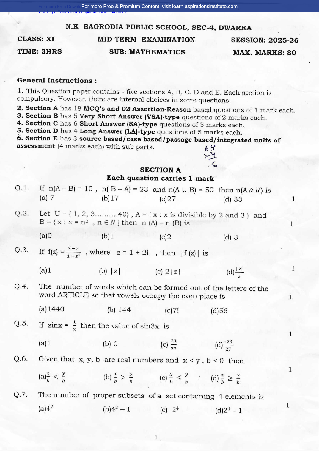 Preview page 1 of 11_Maths_HY Paper_NK Bagrodia school_2025-26