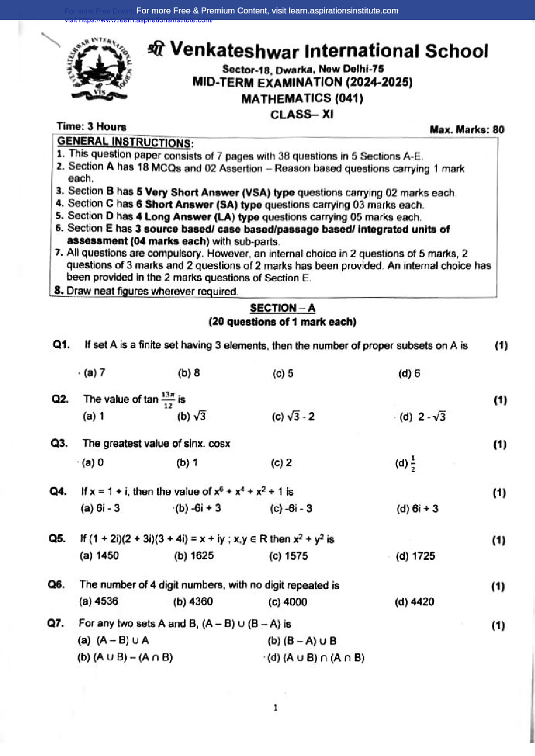 Preview page 1 of 11_Maths_HY Paper_Venkateshwar School_2024-25