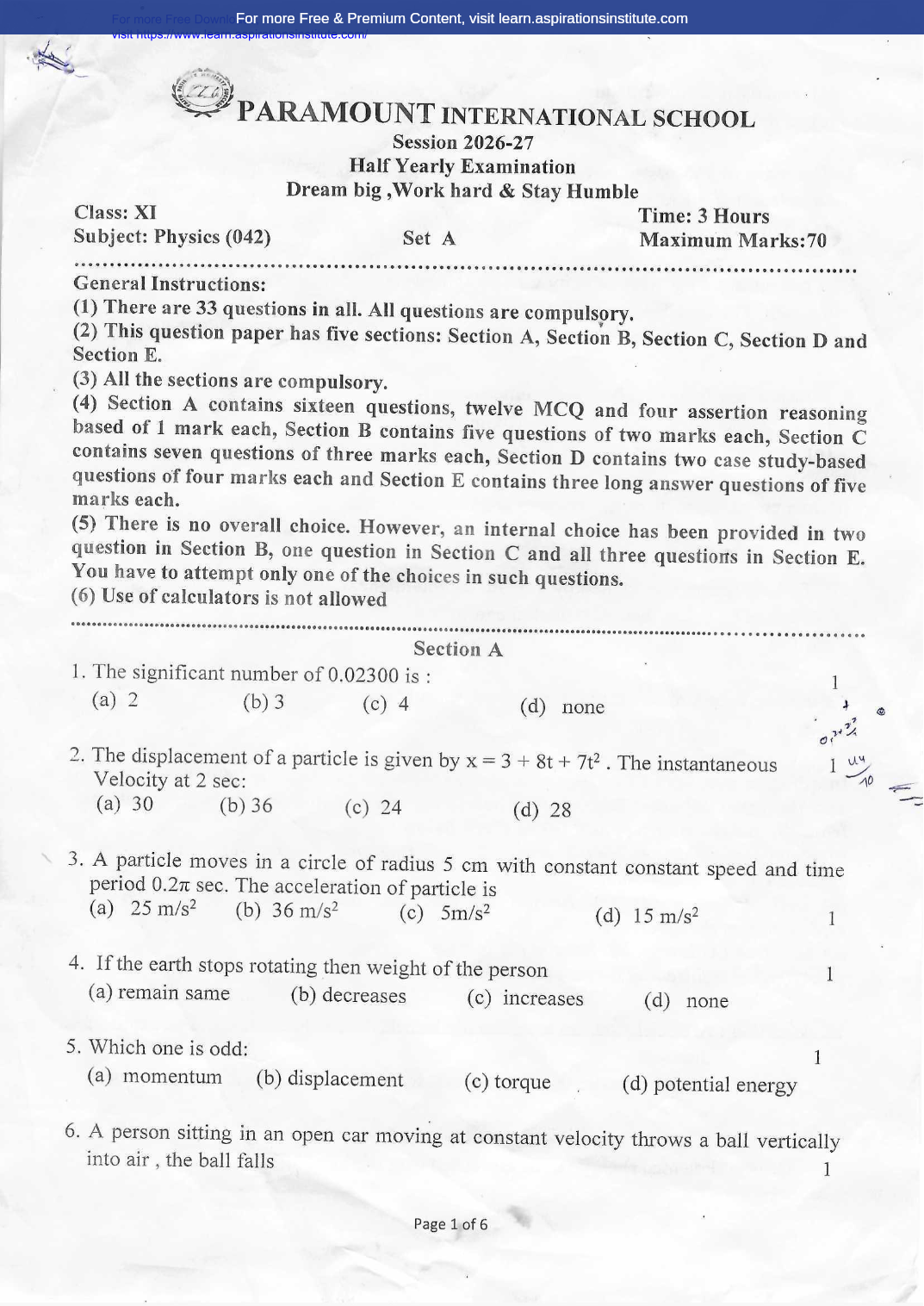 Preview page 1 of 11_Phy_HY Paper_Paramount School_2026-27