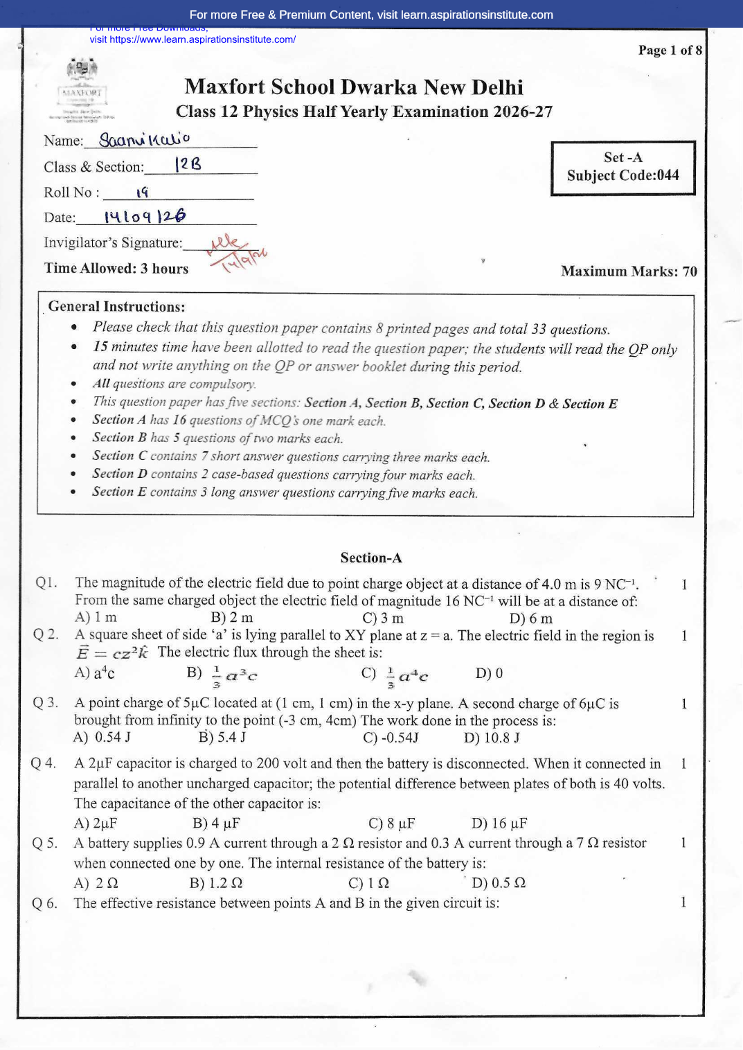 Preview page 1 of 12_Phy_HY Paper_Maxfort School_2026-27